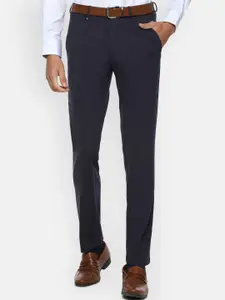 V Dot Men Navy Blue Textured Skinny Fit Formal Trousers