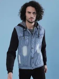 Campus Sutra Men Blue Washed Colourblocked Lightweight Denim Jacket