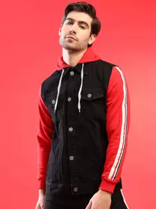 Campus Sutra Men Black Red Colourblocked Lightweight Denim Jacket