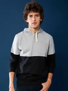 Campus Sutra Men Black Colourblocked Hooded Sweatshirt
