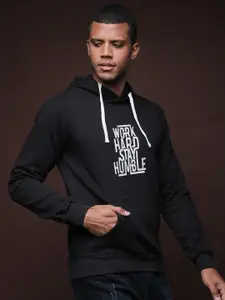 Campus Sutra Men Black Printed Hooded Sweatshirt