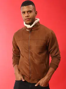 Campus Sutra Men Brown Striped Suede Lightweight Crop Bomber Jacket