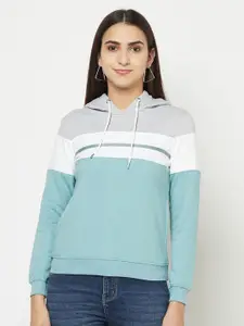 METTLE Women Blue Colourblocked Hooded Sweatshirt