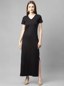 Rigo Black Half Sleeve V- Neck Cotton Maxi Dress