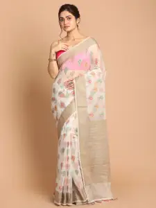 Indethnic White & Beige Floral Zari Banarasi Saree