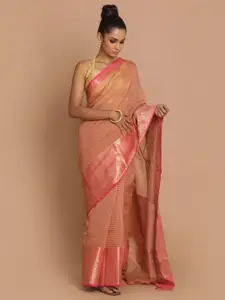 Indethnic Peach-Coloured & Gold-Toned Checked Zari Banarasi Saree