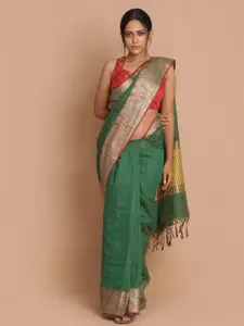 Indethnic Green Striped Banarasi Saree