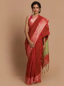 Indethnic Maroon & Pink Striped Zari Banarasi Saree
