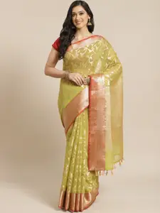 Indethnic Lime Green & Red Floral Zari Banarasi Saree