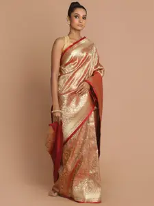 Indethnic Maroon & Gold-Toned Paisley Zari Banarasi Saree