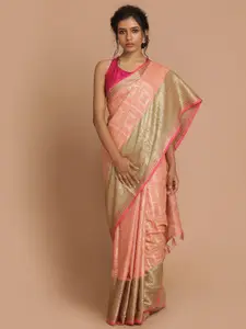 Indethnic Peach-Coloured & Magenta Ethnic Motifs Banarasi Saree