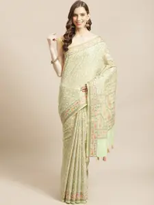 Indethnic Green & Pink Ethnic Motifs Banarasi Saree