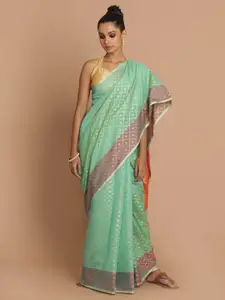 Indethnic Green & Purple Ethnic Motifs Zari Banarasi Saree