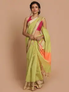 Indethnic Lime Green & Orange Striped Banarasi Saree