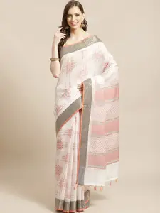 Indethnic Women White Woven Design Banarasi Saree