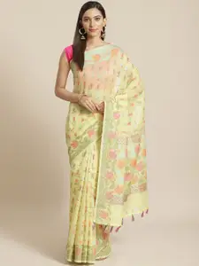 Indethnic Lime Green & Pink Floral Zari Banarasi Saree