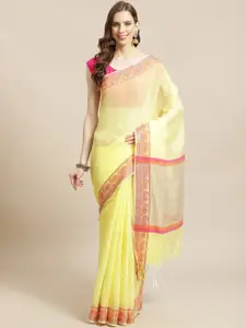 Indethnic Yellow & Magenta Solid Banarasi Saree
