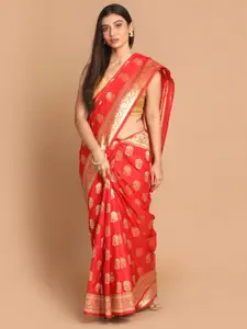 Indethnic Women Red Woven Design Banarasi Saree