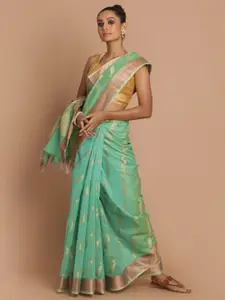 Indethnic Green & Gold-Toned Floral Zari Banarasi Saree