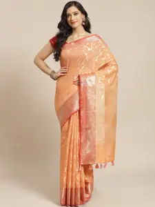 Indethnic Peach-Coloured & Rust Floral Zari Banarasi Saree