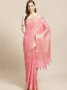 Indethnic Fuchsia & Orange Floral Banarasi Saree