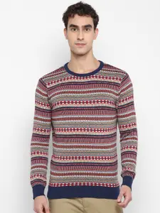 Red Chief Men Navy Blue & Red Fair Isle Printed Cotton Pullover Sweater