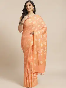Indethnic Peach-Coloured & Silver-Toned Ethnic Motifs Zari Banarasi Saree