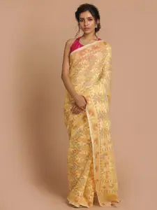 Indethnic Yellow & Blue Ethnic Motifs Zari Banarasi Saree