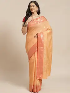 Indethnic Peach-Coloured & Orange Woven Design Banarasi Saree