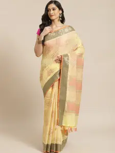 Indethnic Yellow & Orange Zari Banarasi Saree
