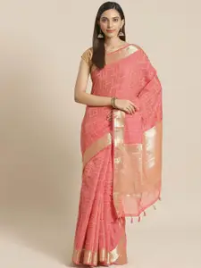 Indethnic Coral & Gold-Toned Zari Banarasi Saree