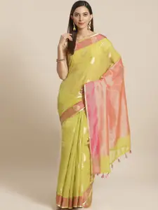 Indethnic Green & Pink Woven Design Zari Banarasi Saree
