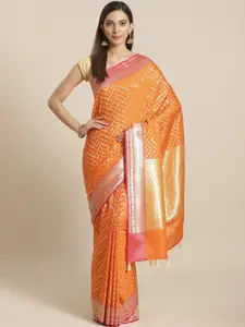 Indethnic Orange & Pink Woven Design Banarasi Saree