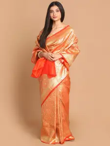 Indethnic Orange & Gold-Toned Paisley Zari Banarasi Saree