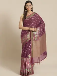 Indethnic Purple & Gold-Toned Floral Zari Banarasi Saree
