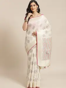 Indethnic Cream-Coloured & Pink Ethnic Motifs Zari Banarasi Saree