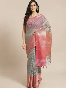 Indethnic Black & Pink Checked Zari Banarasi Saree