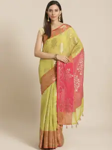 Indethnic Lime Green & Pink Ethnic Motifs Banarasi Saree