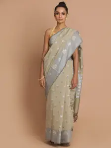 Indethnic Beige & Grey Woven Design Banarasi Saree