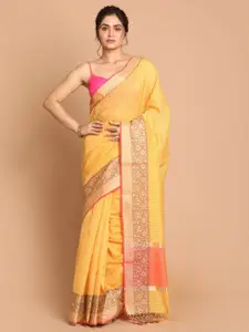 Indethnic Yellow & Tan Striped Zari Banarasi Saree