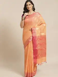 Indethnic Peach-Coloured & Pink Floral Zari Banarasi Saree