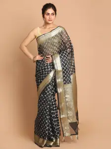 Indethnic Black & Gold-Toned Woven Design Zari Banarasi Saree