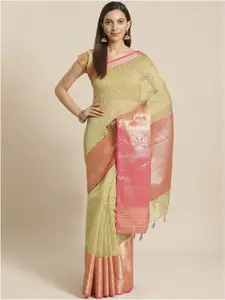 Indethnic Yellow & Pink Checked Zari Banarasi Saree