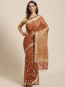 Indethnic Brown & Gold-Toned Ethnic Motifs Zari Banarasi Saree