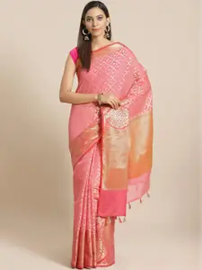 Indethnic Fuchsia & Orange Ethnic Motifs Zari Banarasi Saree