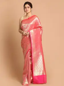 Indethnic Pink & Gold-Toned Paisley Zari Banarasi Saree