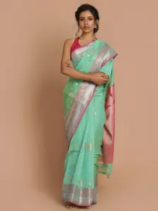 Indethnic Green & Pink Floral Zari Banarasi Saree