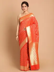 Indethnic Orange & Gold-Toned Ethnic Motifs Zari Banarasi Saree