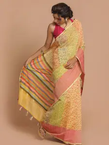 Indethnic Yellow & Pink Floral Printed Zari Banarasi Saree