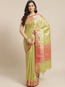 Indethnic Olive Green & Pink Floral Banarasi Saree